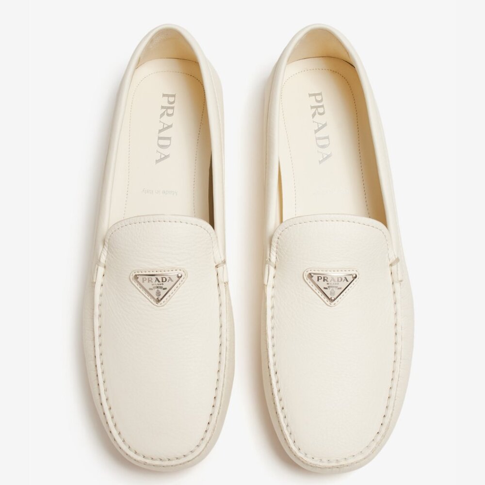 NWT Prada Men's Slip-on Loafers White Leather Logo Plaque Sz 7